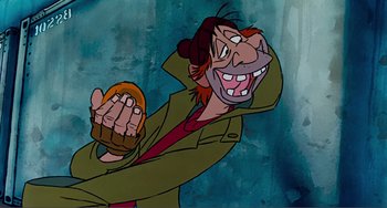 Movie still from “Oliver & Company” (1988), directed by George Scribner – An animated picture of a man holding something in his hand; Close Up shot, Low angle