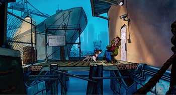 Movie still from “Oliver & Company” (1988), directed by George Scribner – An animated scene of a man and a dog on a dock; Wide shot, High angle