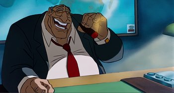 Movie still from “Oliver & Company” (1988), directed by George Scribner – An animated picture of a man in a suit and tie holding a beer; Medium shot, Low angle