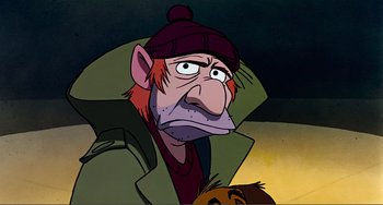 Movie still from “Oliver & Company” (1988), directed by George Scribner – An animated picture of a man with a hat on his head; Close Up shot, Low angle