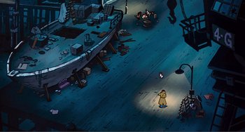 Movie still from “Oliver & Company” (1988), directed by George Scribner – An overhead view of a city street with people walking on the sidewalk; Extreme Wide shot, High angle