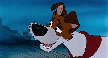 Movie still from “Oliver & Company” (1988), directed by George Scribner – A cartoon of a dog with its mouth wide open; Close Up shot, Low angle