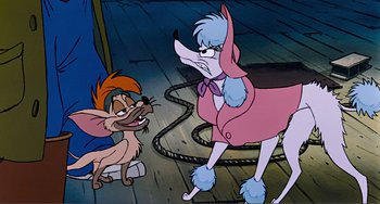 A couple of cartoon characters on a wooden floor