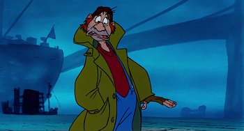 Movie still from “Oliver & Company” (1988), directed by George Scribner – A man in a trench coat standing in front of an ocean; Medium shot, Low angle
