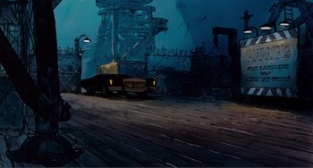 Movie still from “Oliver & Company” (1988), directed by George Scribner – A truck parked on the side of a road; Extreme Wide shot, High angle