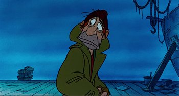 Movie still from “Oliver & Company” (1988), directed by George Scribner – An animated character sitting on the ground in front of a sky background; Medium shot, Low angle