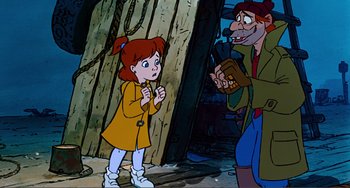 Movie still from “Oliver & Company” (1988), directed by George Scribner – A cartoon of a girl talking to an old man; Medium shot, High angle