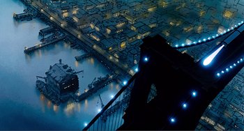 Movie still from “Oliver & Company” (1988), directed by George Scribner – An aerial view of a city at night with lights on; Extreme Wide shot, High angle