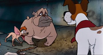 Movie still from “Oliver & Company” (1988), directed by George Scribner – An animated scene of two dogs and a bulldog; Medium shot, High angle