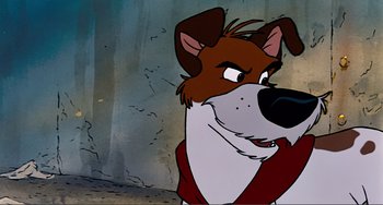 Movie still from “Oliver & Company” (1988), directed by George Scribner – A cartoon of a dog looking at the camera; Close Up shot, Low angle