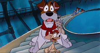 Movie still from “Oliver & Company” (1988), directed by George Scribner – A dog sitting on some steps with two other dogs; Wide shot, Low angle