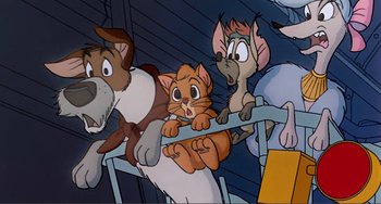 Movie still from “Oliver & Company” (1988), directed by George Scribner – A group of cats and a dog are in a cartoon style; Medium shot, Low angle
