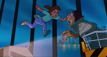 Movie still from “Oliver & Company” (1988), directed by George Scribner – An animated scene of a girl falling off a boat; Wide shot, Low angle