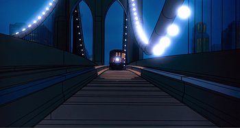 Movie still from “Oliver & Company” (1988), directed by George Scribner – A train on a bridge at night with lights on; Extreme Wide shot, Low angle