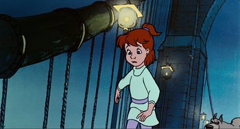 Movie still from “Oliver & Company” (1988), directed by George Scribner – A cartoon of a little girl standing in front of a train; Medium shot, High angle