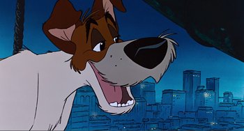 Movie still from “Oliver & Company” (1988), directed by George Scribner – A cartoon of a brown and white dog with a city in the background; Close Up shot, Low angle