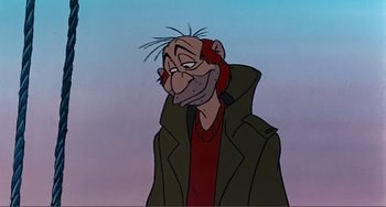 Movie still from “Oliver & Company” (1988), directed by George Scribner – An animated character is wearing a jacket and a red shirt; Close Up shot, Low angle