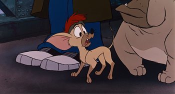 Movie still from “Oliver & Company” (1988), directed by George Scribner – A cartoon picture of a dog and a person; Medium shot, Low angle