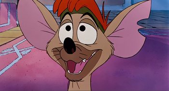 Movie still from “Oliver & Company” (1988), directed by George Scribner – A cartoon character's face; Close Up shot, High angle