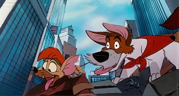 Movie still from “Oliver & Company” (1988), directed by George Scribner – A cartoon of a dog chasing a man on the street; Medium shot, Low angle