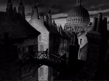 Movie still from “Oliver Twist” (1948), directed by David Lean – A black - and - white painting of a man walking over a bridge; Extreme Wide shot, High angle