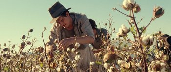 Movie still from “On the Road” (2012), directed by Walter Salles – A man and a woman picking cotton in a field; Medium shot, Low angle