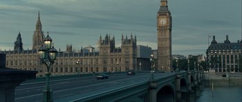 Movie still from “One Day” (2011), directed by Lone Scherfig – A view of big ben from across the river thames; Extreme Wide shot, High angle