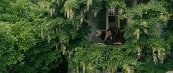 Movie still from “One Day” (2011), directed by Lone Scherfig – Two people are sitting on a balcony with a lot of green plants around them; Wide shot, High angle