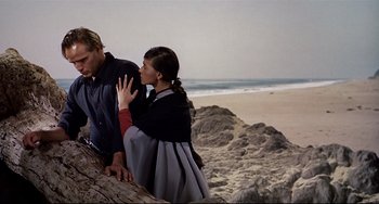 Movie still from “One-Eyed Jacks” (1961), directed by Marlon Brando – A man and a woman standing next to each other on the beach; Medium shot, Low angle