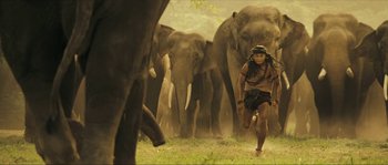 Movie still from “Ong Bak 2” (2008), directed by Tony Jaa – A man running in front of a herd of elephants; Wide shot, Low angle