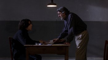 Movie still from “Open Your Eyes” (1997), directed by Alejandro Amenábar – A man and a woman are sitting at a table; Medium shot, Over the shoulder angle