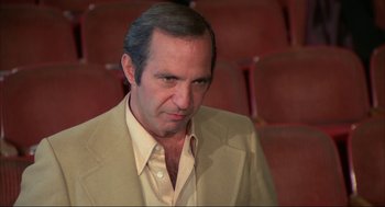 Movie still from “Opening Night” (1977), directed by John Cassavetes – A person wearing a suit and tie; Close Up shot, High angle