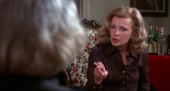 Movie still from “Opening Night” (1977), directed by John Cassavetes – A woman smoking a cigarette in front of another woman; Close Up shot, Over the shoulder angle