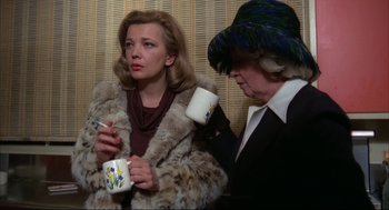 Movie still from “Opening Night” (1977), directed by John Cassavetes – Two women are drinking coffee and smoking cigarettes; Medium shot, Low angle