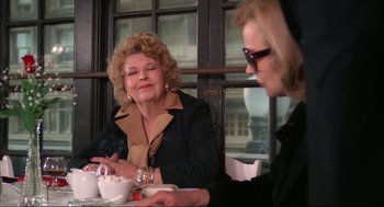 Movie still from “Opening Night” (1977), directed by John Cassavetes – Two women sitting at a table with a cup of coffee; Close Up shot, Over the shoulder angle