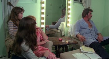 Movie still from “Opening Night” (1977), directed by John Cassavetes – A group of people sitting in front of a vanity mirror; Medium shot, Over the shoulder angle