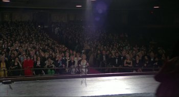Movie still from “Opening Night” (1977), directed by John Cassavetes – A group of people in a large auditorium watching an event; Extreme Wide shot, High angle