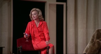 Movie still from “Opening Night” (1977), directed by John Cassavetes – A woman in a red dress holding a glass of wine; Medium shot, Low angle