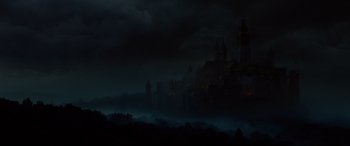 Movie still from “Ophelia” (2018), directed by Claire McCarthy – A castle in the middle of the night; Extreme Wide shot, High angle