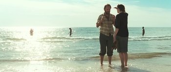 Movie still from “Oranges and Sunshine” (2010), directed by Jim Loach – A man and a woman standing on the beach; Wide shot, Over the shoulder angle