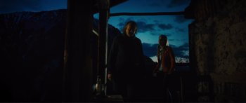 Movie still from “Our Kind of Traitor” (2016), directed by Susanna White – Two people standing in front of a window at night; Medium shot, Low angle