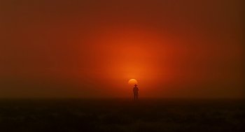 Movie still from “Out of Africa” (1985), directed by Sydney Pollack – A person standing in a field with the sun setting in the background; Extreme Wide shot, Low angle