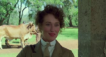Movie still from “Out of Africa” (1985), directed by Sydney Pollack – A person wearing a suit and tie; Close Up shot, Over the shoulder angle
