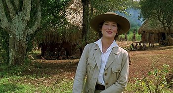 Movie still from “Out of Africa” (1985), directed by Sydney Pollack – A woman wearing a hat standing in the grass; Medium shot, Over the shoulder angle