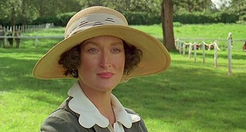 Movie still from “Out of Africa” (1985), directed by Sydney Pollack – A woman wearing a hat in a field; Close Up shot, Over the shoulder angle