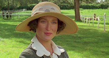 Movie still from “Out of Africa” (1985), directed by Sydney Pollack – A person wearing a hat in the grass; Close Up shot, Over the shoulder angle