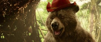 Movie still from “Paddington” (2014), directed by Paul King – A brown bear wearing a red hat in a wooded area; Close Up shot, Low angle