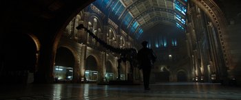 Movie still from “Paddington” (2014), directed by Paul King – A man walking in a large room with a dinosaur skeleton; Extreme Wide shot, Low angle