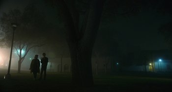 Movie still from “Palo Alto” (2013), directed by Gia Coppola – A man standing next to a tree in the dark; Extreme Wide shot, Low angle