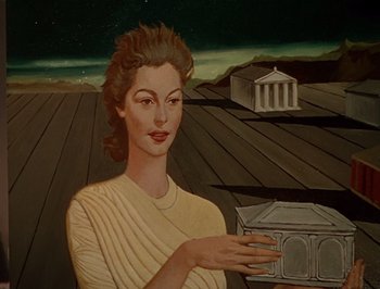 Movie still from “Pandora and the Flying Dutchman” (1951), directed by Albert Lewin – A painting of a woman holding an object in her hands; Medium shot, Low angle